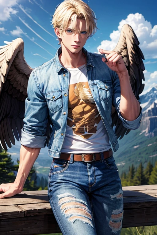 Man with blond hair, slim muscular complexion with large brown eagle wings, blue eyes, wearing an open denim jacket, shirt with the print of the USA flag, blue jeans, looking straight at the viewer, mountain background