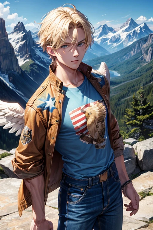 Man with blond hair, slim muscular complexion with large brown eagle wings, blue eyes, wearing an open denim jacket, shirt with the print of the USA flag, blue jeans, looking straight at the viewer, mountain background