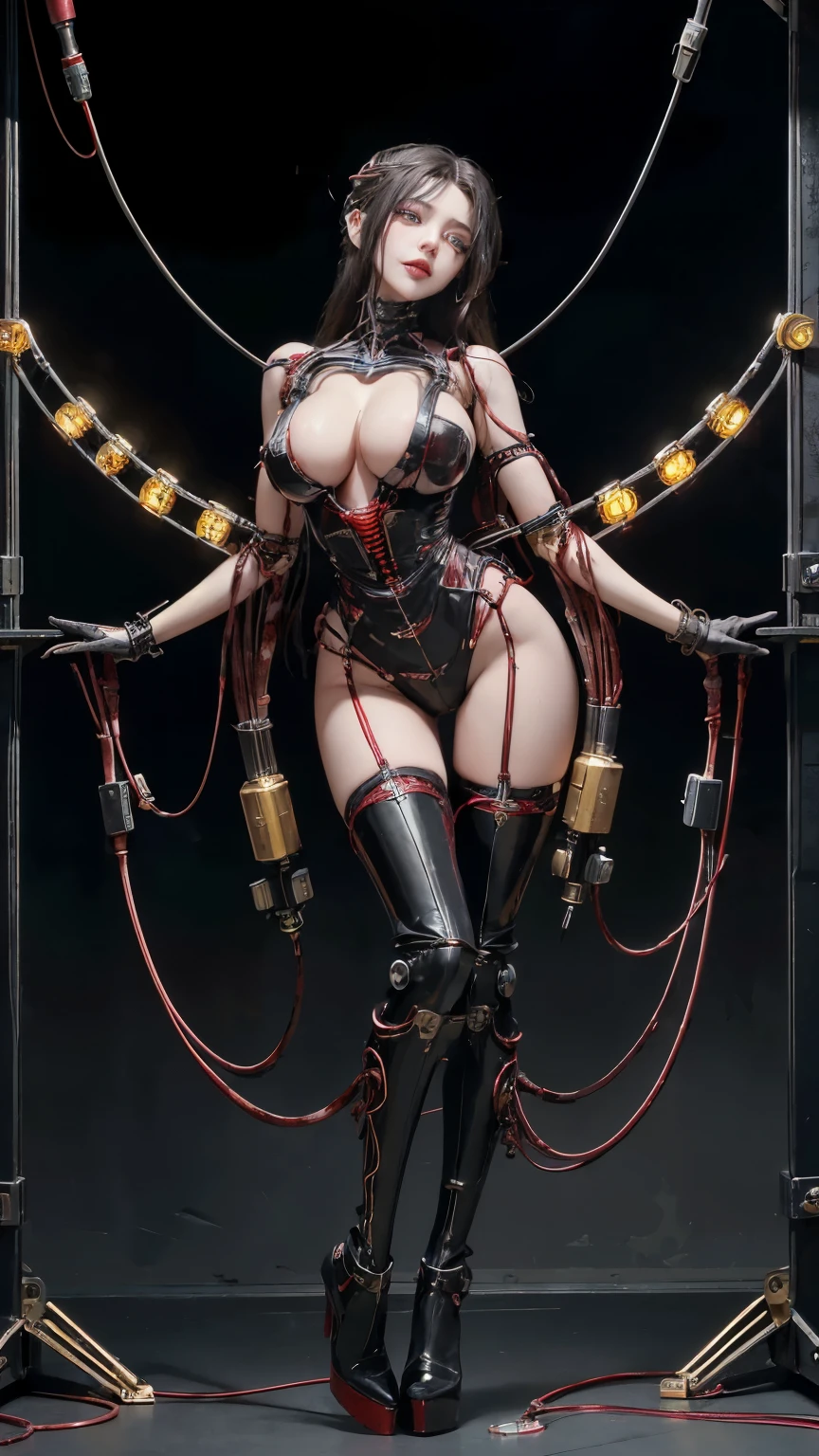 (((Masterpiece))), ((Best Quality)), (Super Detail), (CG Illustration), (Very Evil and Beautiful)), Cinematic Light, ((1 Mechanical Girl)), Single, (Mechanical Art: 1.4), ((Mechanical limb)), (Blood vessel attached to a tube), ((Mechanical spine attached to the back)), ((Mechanical cervical vertebrae attached to the neck), expressionless, ( Wires and cables attached to the head and body: 1.5), Science Fiction, Apocalypse, Ruins, (Lower Body Integrated with Mechanical Devices), (Blood: 1.5), Cruelty, Absurdity, Eroticism, Fusion with Machines, Doomsday Time, Super Future, Inorganic, Laboratory, Restraint, (Beautiful Indulgence: 1.2), (1 Girl: 1.1), Body Wrapped Around Mechanical Tentacles, wearing a black robot mask, ((big boobies )), long black hair, (((EROTIC))), ((make up)), (((fullbody))), ((high heels boots)), (detailed face)