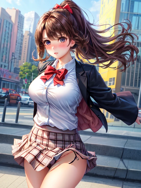 ((highest quality, High resolution, Perfect Pixel, 4K))), 1 female, Beautiful woman、I could see the whole body、go down the subway stairs、lots of commuters、 ((ponytail, bangs, Brown Hair)), ((Brown eyes, Beautiful eyelashes, Realistic eyes)), ((Detailed face, blush:1.2))、((Anime CG Style)), beautiful and big breasts、Perfect body, ((Red bow tie, Black open jacket, White shirt, Checked mini skirt)), Embarrassed expression、 (The wind is blowing my skirt away:1.3)、((No pants))、 diagonal side angle, Dynamic Angle、Naughty wind、Full view of lower body、