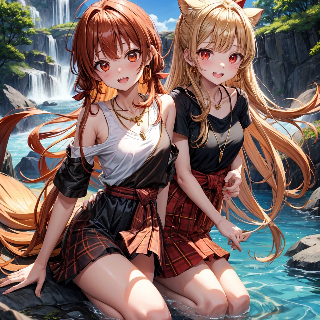Brown, red, gold, golden hair、Red eyes、One good looking girl、solo、anime、Checkered mini skirt、Black camisole、Black T-shirt、hoodie、Wearing a ribbon、Ribbon on waist、Crystal Earrings、Gemstone Necklace、Light and shadow、Tilting face、Teeth are visible、waterfall、Kuroko、tunnel、pylon、Sunset sky、Towering、frilled lizard、light