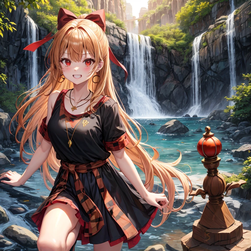 Brown, red, gold, golden hair、Red eyes、One good looking girl、solo、anime、Checkered mini skirt、Black camisole、Black T-shirt、hoodie、Wearing a ribbon、Ribbon on waist、Crystal Earrings、Gemstone Necklace、Light and shadow、Tilting face、Teeth are visible、waterfall、Kuroko、tunnel、pylon、Sunset sky、Towering、frilled lizard、light