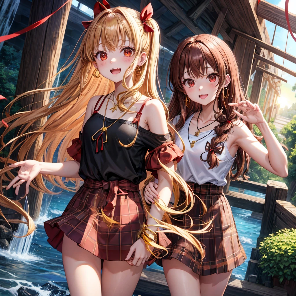 Brown, red, gold, golden hair、Red eyes、One good looking girl、solo、anime、Checkered mini skirt、Black camisole、Black T-shirt、hoodie、Wearing a ribbon、Ribbon on waist、Crystal Earrings、Gemstone Necklace、Light and shadow、Tilting face、Teeth are visible、waterfall、Kuroko、tunnel、pylon、Sunset sky、Towering、frilled lizard、light