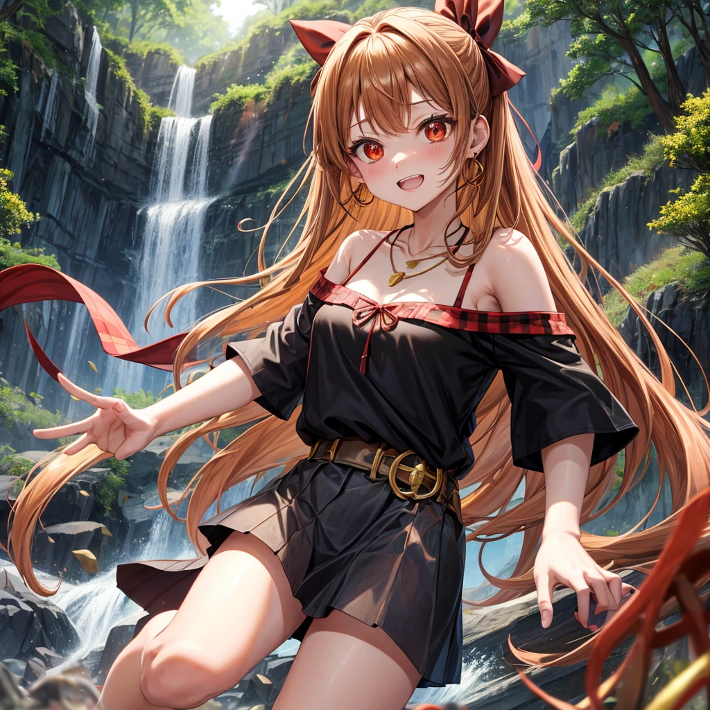 Brown, red, gold, golden hair、Red eyes、One good looking girl、solo、anime、Checkered mini skirt、Black camisole、Black T-shirt、hoodie、Wearing a ribbon、Ribbon on waist、Crystal Earrings、Gemstone Necklace、Light and shadow、Tilting face、Teeth are visible、waterfall、Kuroko、tunnel、pylon、Sunset sky、Towering、frilled lizard、light