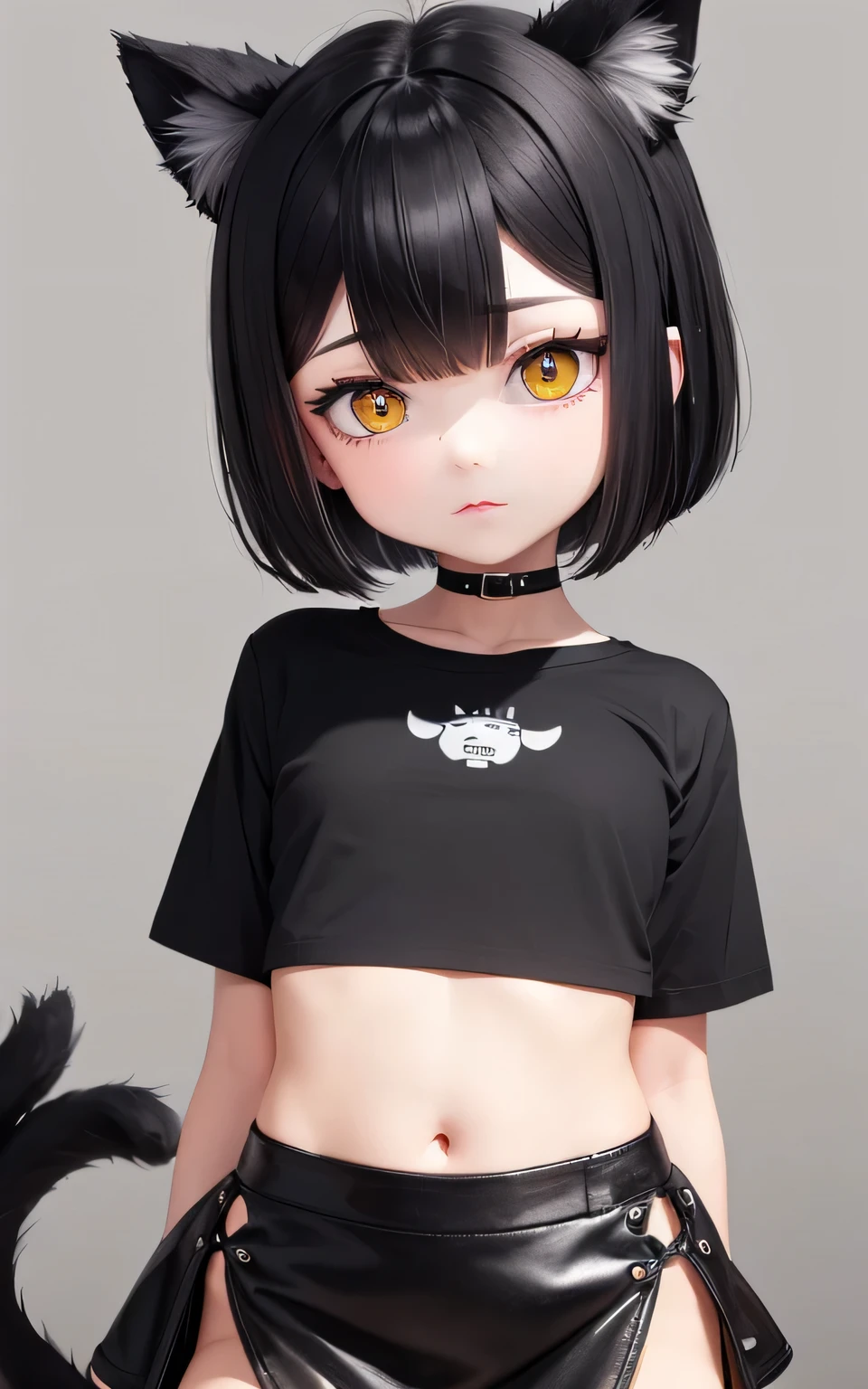 Super detailed, 8k, Black short hair, mini skirt, black T-shirt, fake cat ears, Big eyes, deep yellow eyes,