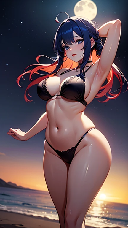 A stunning 8k anime-style illustration of a woman outdoors on a beach. She has long, slender legs and a wide, toned hips, with a tiny waist and a round, well-defined chest. She has a beautiful face with blue eyes, red and plump lips, and long, cascading hair that combines red and blue tones. The full moon and Milky Way fill the sky behind her, creating a captivating backdrop. This artwork is a masterpiece of skill and technique, showcasing the artist's exceptional talent in the anime style. The photo is taken from a downward angle, accentuating the beauty and grace of the woman in this serene setting.