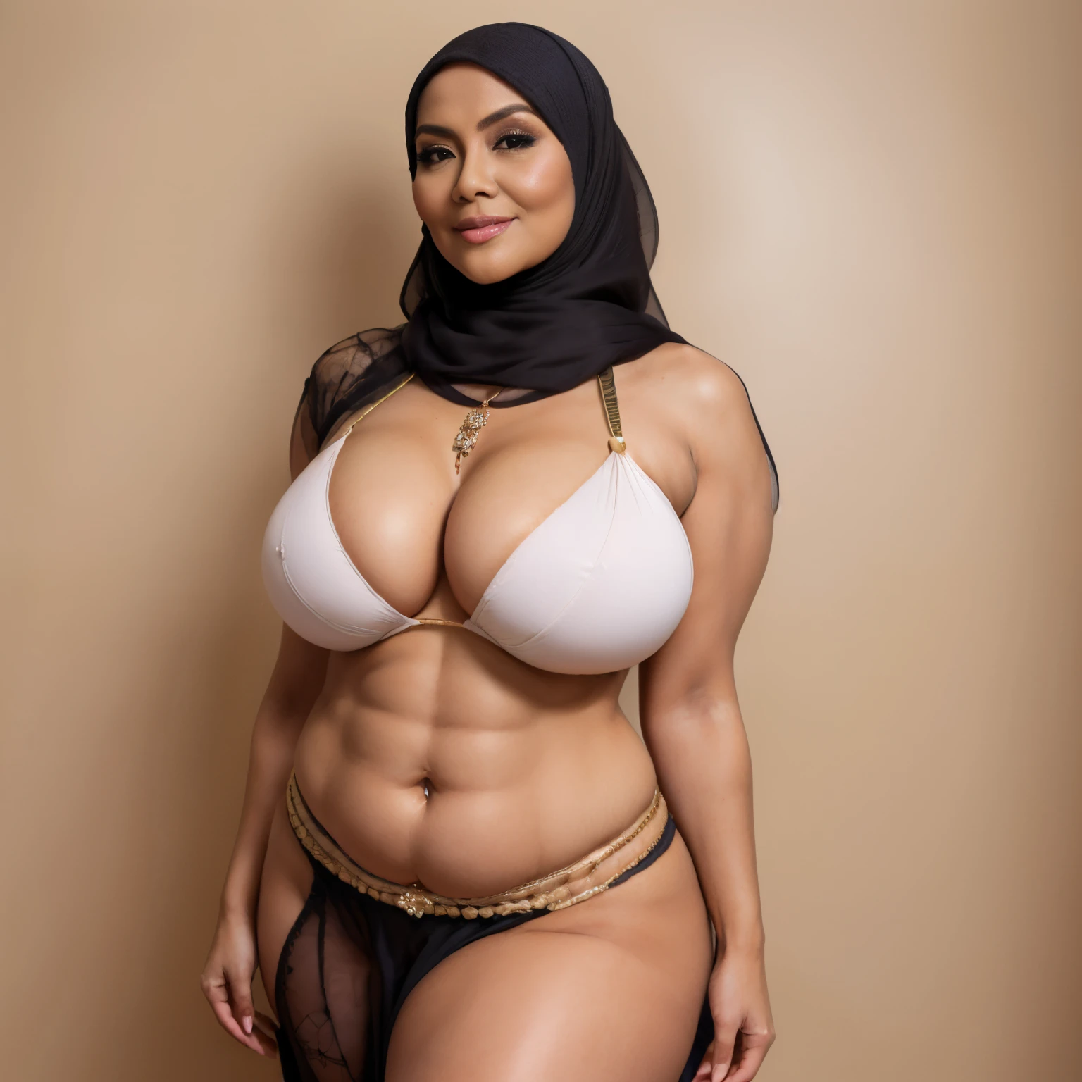 RAW photo,candid photograph, full body,photo of a beautiful,modern,25yo Arab woman,black hijab, detailed skin, naked, looking at viewer, chubby body structure,white background,no background, candid pose,blue light, film grain, kodak color, instagram LUT