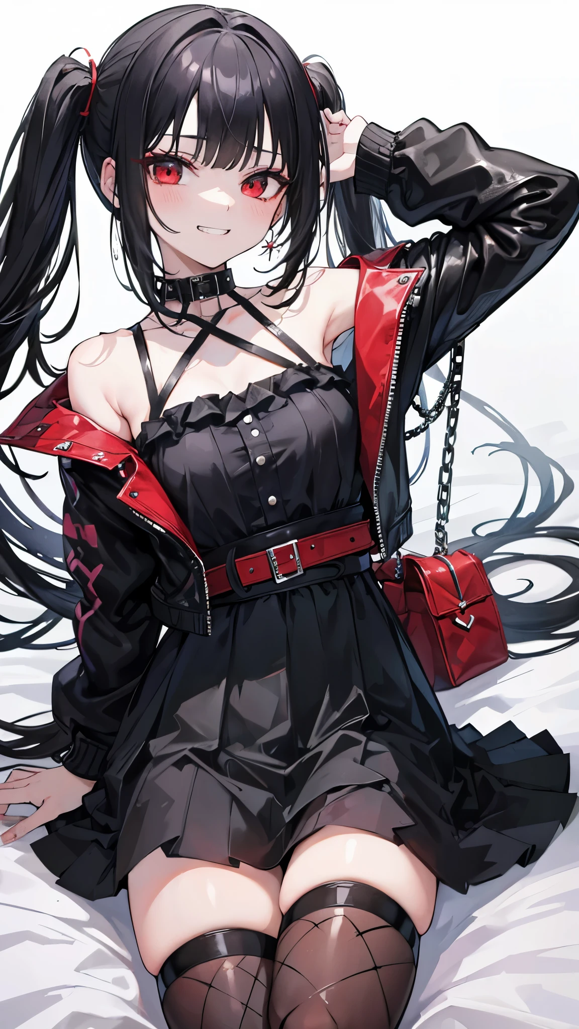 ((masterpiece、highest quality、Super detailed))、One girl、Black Hair、short hair、twintails、blunt bangs、Red eyes、evil smile、((Grin))、Small breasts、((Black ruffled clothes))、Off the shoulder、Strapless、((Black Leather Jacket))、((Checkered Skirt))、edgpskirt、multiple chains、Fishnet tights、Cowboy Shot、Sit on the bed、Bedroom Background