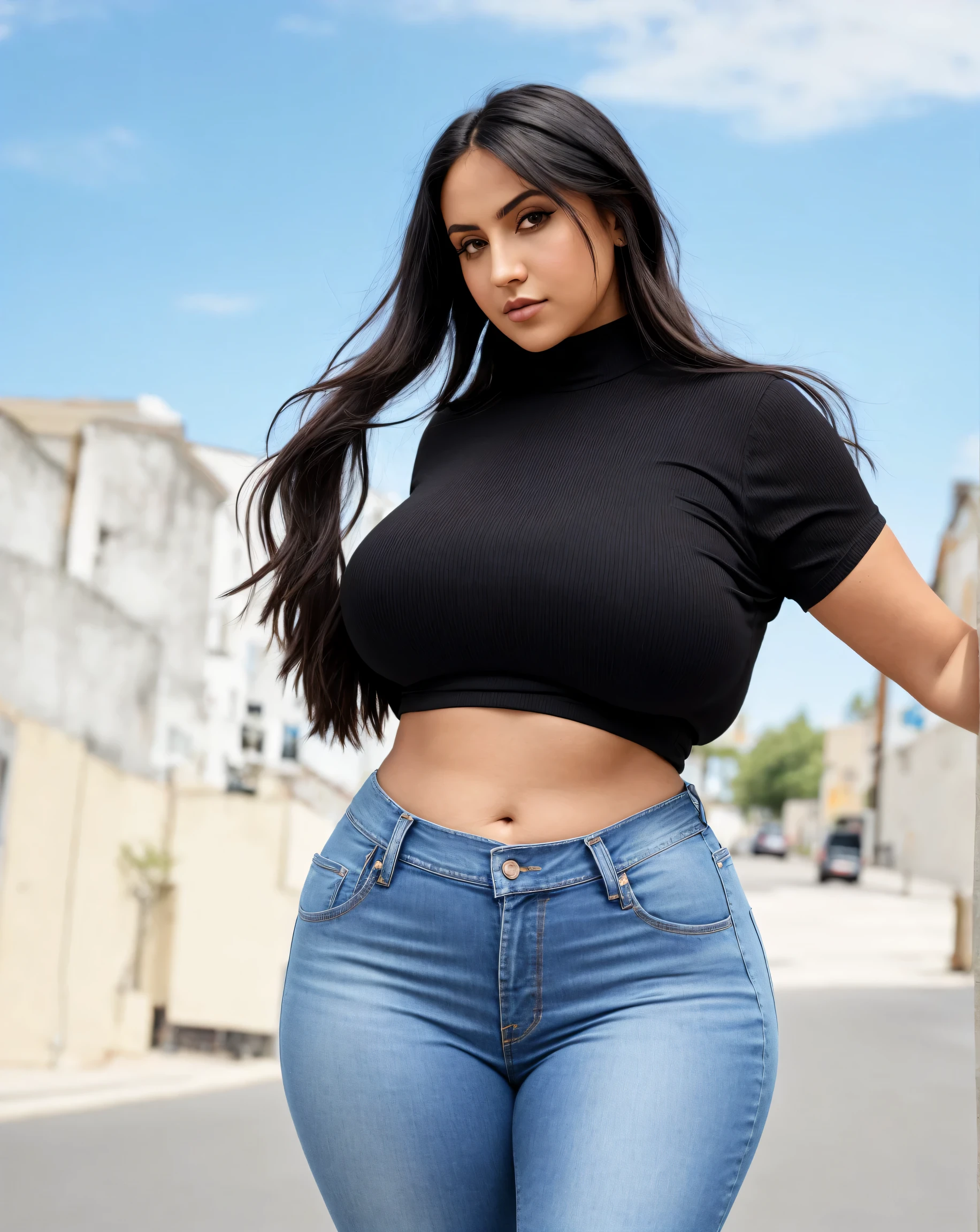 arafed woman in jeans and a black top standing on a street, skinny waist and thick hips, wearing tight simple clothes, perfectly shaded body, perfect body, thicc, attractive body, thin waist, wearing a sexy cropped top, curvy model, thin-waist, gorgeous face and figure, wide hips, curvy body, thick body, good hips and long legs