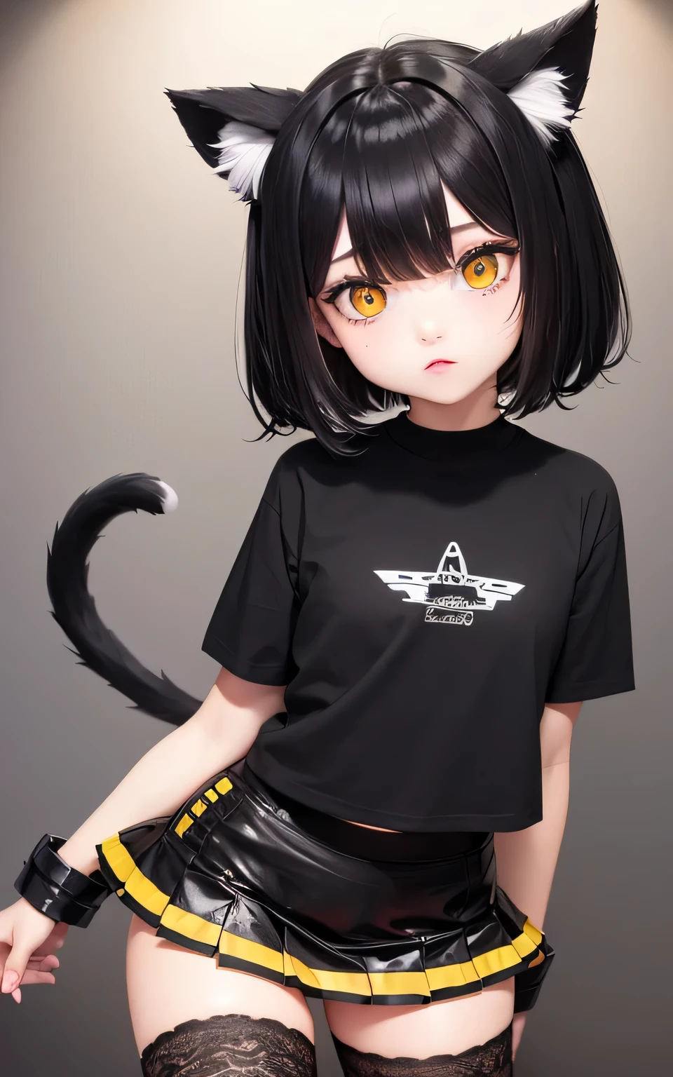 Super detailed, 8k, Black short hair, mini skirt, black T-shirt, fake cat ears, Big eyes, deep yellow eyes,
