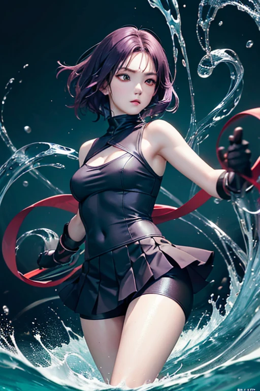 (Finest quality)),(超A high resolution),(ultra-detailled art),(Meticulous portrayal),((Best Anime)),(Finest works of art),sharpness,Clear,Ultra-Precision Art,The art of astounding depiction, (Female Ninja in the Dark:1.3),
short Hair,
purple hair, vibrant purple hair, extremely detailed hair, bangs,
pretty eyes,
beautiful eyes, detailed eyes, perfect eyes, green eyes,
pretty face,
beautiful lips, soft lips,pretty face, close up face, korean girl, korean beauty, irene, red velvet irene,serious face,
pretty nose,
beautiful nose,
clear skin,
clear skin, white skin, soft skin,
slim body,
small breasts, normal thighs, show navel,
ninja clothes,
ninja outfit, black outfit, black skirt, thigh-level skirt, safety shorts, cycling shorts, ninja shorts, long shorts, ninja armor, female ninja suit,reveal shoulders, show slight cleavage, black top, black thigh-high socks, arm sleeves,
fighting pose,
looking at camera, attack pose, fighting pose,
watery background,
green aura background, evening, green aurora, green glow, yellow glowing fist, water splash behind, waterbender, watery background, in water, big water waves, water element, green floating lights, water circling around the body
low angle,
looking down,