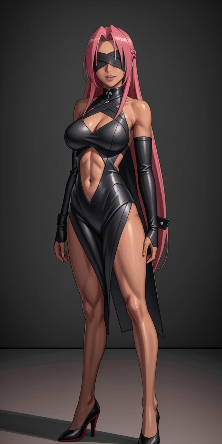 (masterpiece, HI quality: 1.1) 1girl full body standing good face, nice ass, hairstyle: braid, Color Hair: PINK long hair, Blindfolded: NO EYES, Skin: White (porcelain skin, sparkly skin), muscular, thighs, Mature woman, Abs, looks at the viewer smiling, extremely huge breasts, maternal, chest cover with clothes (Hell knight ingrid (anime style) Demon Knight Ingrid (OVA))