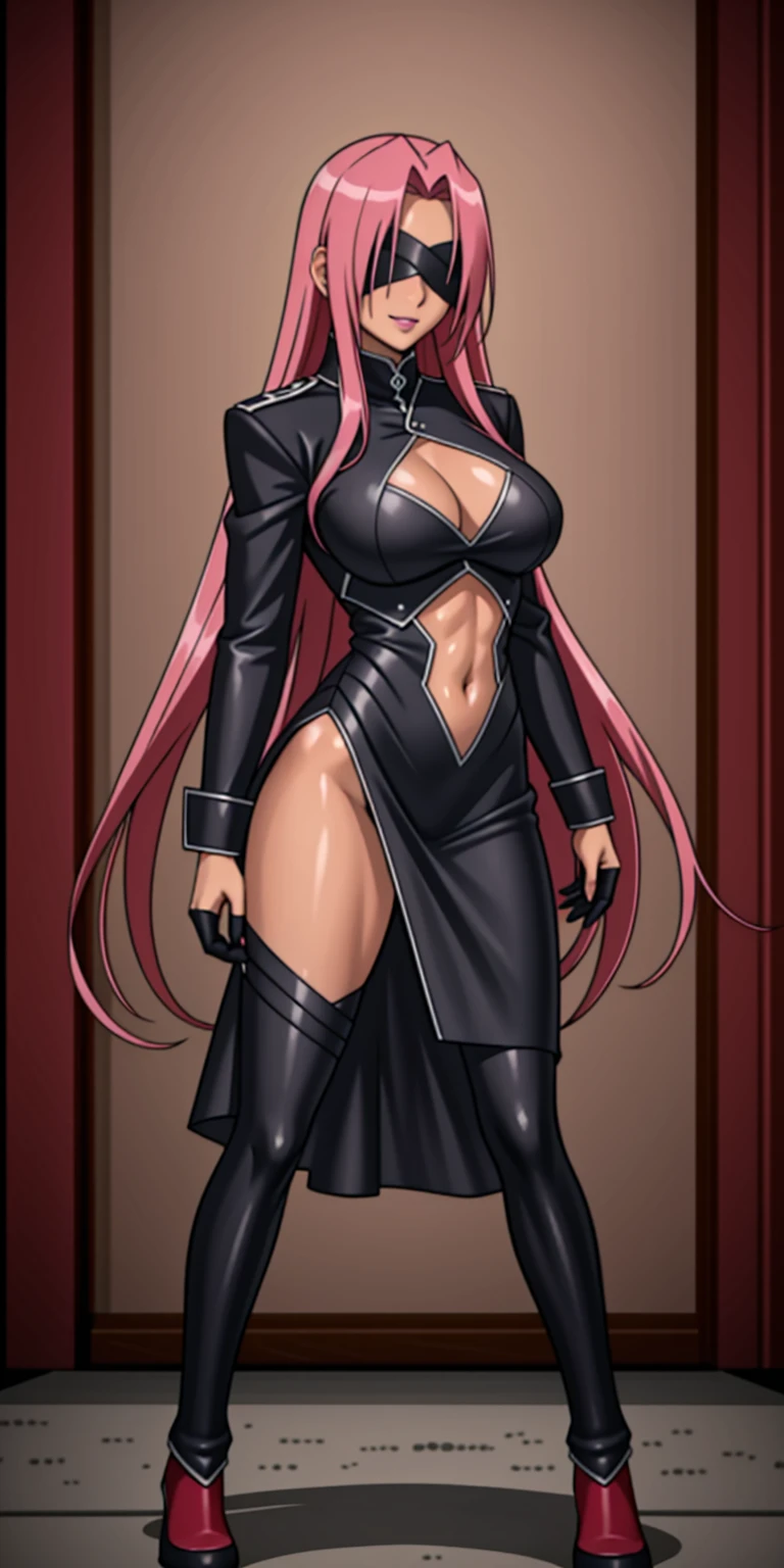 (masterpiece, HI quality: 1.1) 1girl full body standing good face, nice ass, hairstyle: braid, Color Hair: long hair, Blindfolded: NO EYES, Skin: White (porcelain skin, sparkly skin), muscular, thighs, Mature woman, Abs, looks at the viewer smiling, extremely huge breasts, maternal, chest cover with clothes (Yor Forger - Spy x Family) (Ingrid/Ingrid (Taimanin Series) LoRA) (Hell knight ingrid (anime style) Demon Knight Ingrid (OVA))