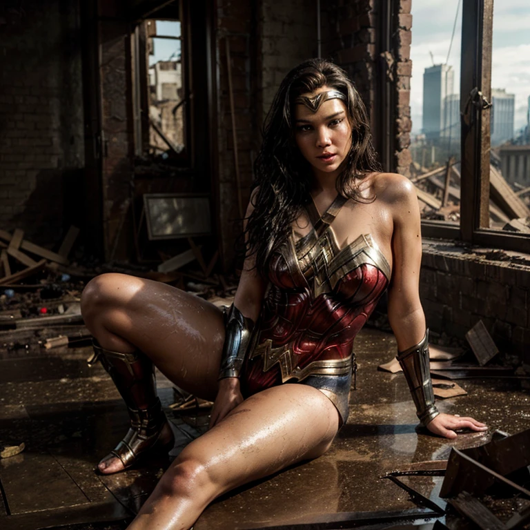Jennifer Lawrence as Wonder Woman, Fullbody from until feet, Black Hair, thicc, thick body, huge, sexy, realistic, detailed, exotic, sexy pose, in destroyed building, look to viewer, wet body, sexy expression, sexy brightness