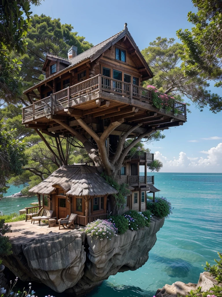 Perfection The Coolest Tree house on a large rock in the middle of the sea with flowers in front of the house and trees on both sides of the house