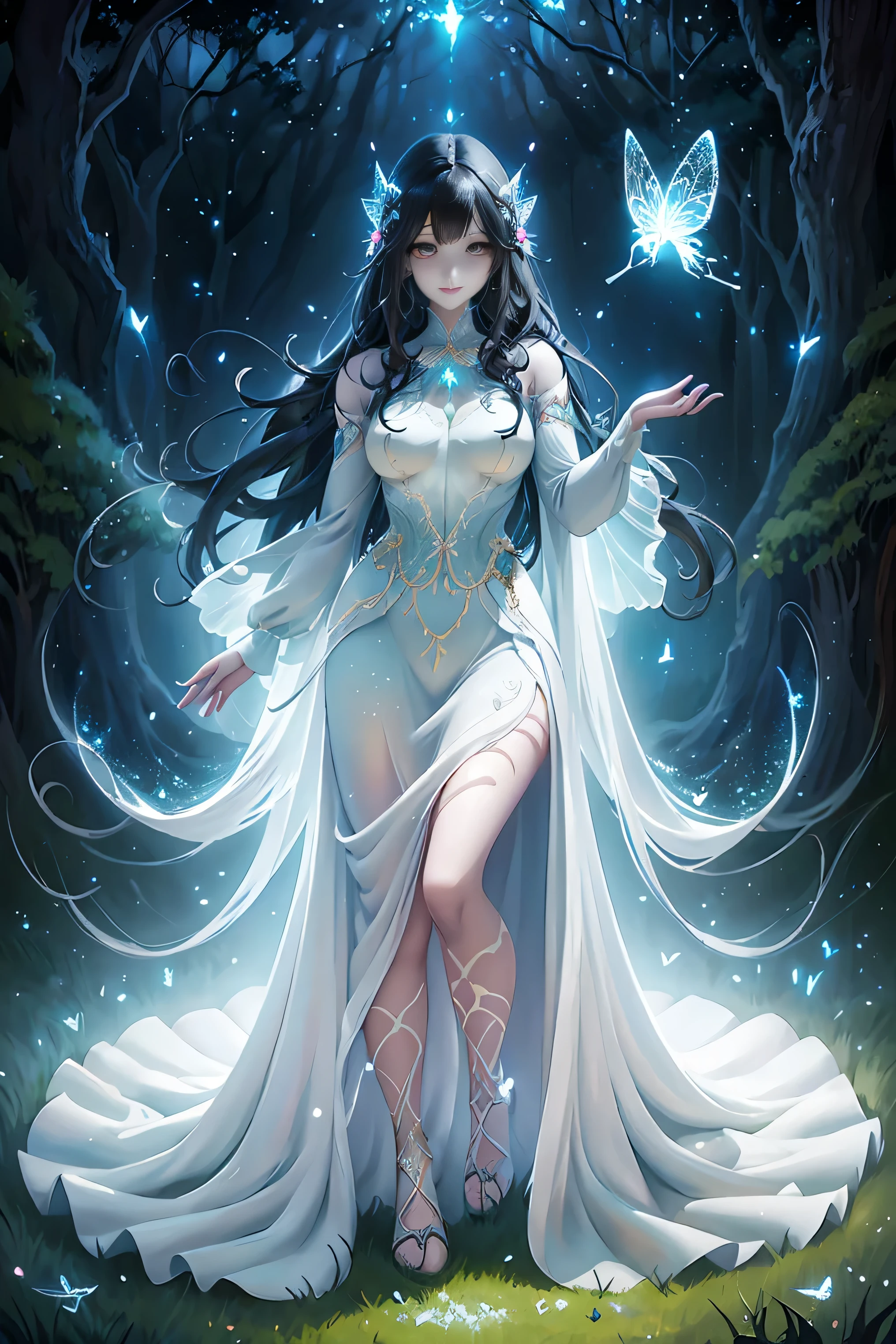 (masterpiece) manga style, soft lights, ethereal, magical looking, woman smiling, innocent, black hair, soft curly hair, brown eyes, looking kind, forest, fairytale, full body, butterfly, illustration, magical, light particles, fireflies, white dress, greek goddess dress, (((full body illustration))), anime style,
