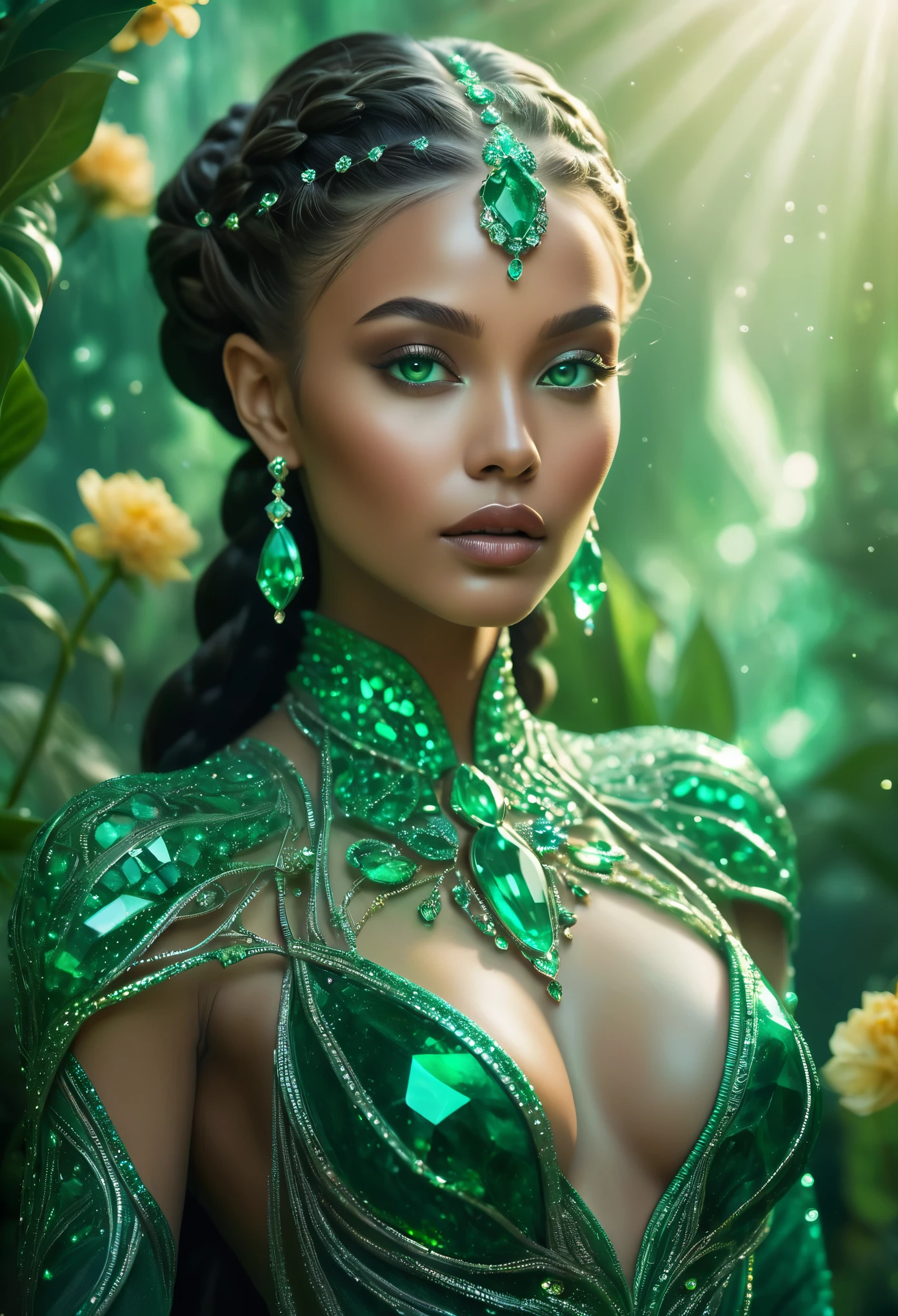 (best quality,4k,8k,highres,masterpiece:1.2),ultra-detailed,realistic:1.37,an alien girl with a body made of emeralds,shimmering diamonds on her skin,two long silver braids,exotic facial features,large emerald-shaped eyes,plump emerald-colored lips,delicate facial structure,golden jewelry adorning her face,a slender figure with curvaceous emerald contours,glimmering emerald dust floating around her,emerald particles radiating from her body,standing tall in a vibrant garden filled with emerald-colored flowers and plants,dressed in a flowing emerald gown adorned with intricate emerald patterns,her gown seamlessly blending with the surroundings,evoking an otherworldly aura,illuminated by a soft ethereal light, casting a greenish glow on her emerald figure,creating a surreal atmosphere,showcasing the beauty of the emerald alien girl.(NSFW:1.4)
