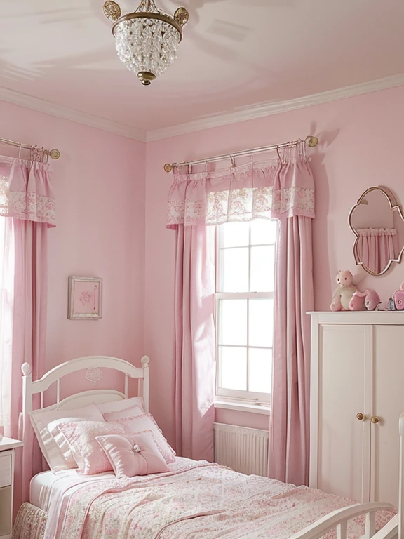 Little princess room Cute pink wall Lace curtains Canopy bed