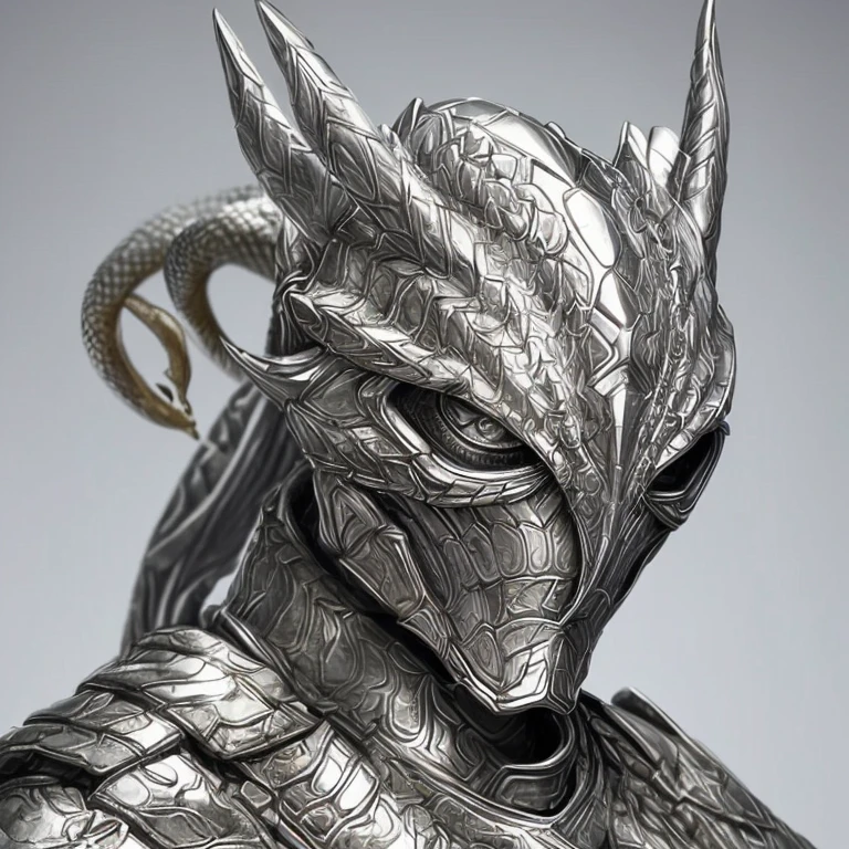 A snake head, with a perfect sculptural realistic,with silver mediaval armor, and potrait, ultra realistic, HD,