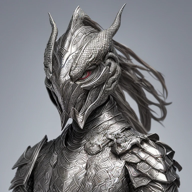 A snake head, with a perfect sculptural realistic,with silver mediaval armor, and potrait, ultra realistic, HD,