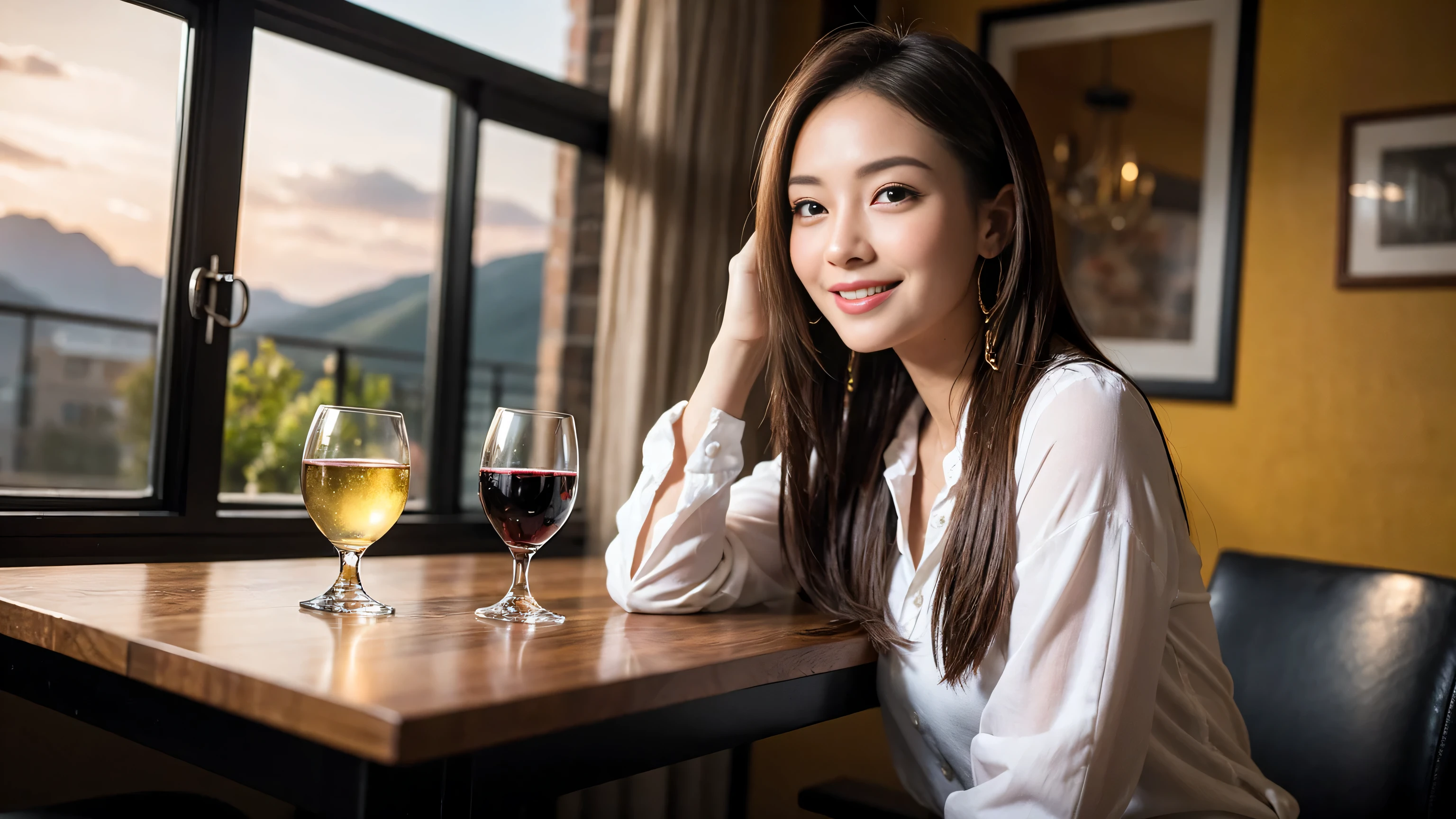 ((highest quality、8k、masterpiece:1.3))、Sharp focus:1.2、Beautiful woman perfect body:1.4、Slim body、((Bob Hale、Straight hair:1.2))、(to be born, highest quality, masterpiece:1.5), (Realistic, Intricate details:1.2), Ultra-high resolution, Lighting the face、Spectacular view of the sunset sky and clouds、Amazing mountain views、A bright smile、wine glass、red wine 、Appetizer、Italian food、Wine bottle、Champagne、sparkling wine、, Beautiful Face, blue eyes, The light shines on your face, Blushing, short hair,Bright Face、Fox face、 (42 years old), 40 years old, Lady、Two beauties、Brown Hair、Shortcuts、Long sleeve shirt、dress、Pretty Woman 1, (slim face), (The body is slim), (Brown Hair), (Shortcuts), cheeks turn a little red,Attractive beauty、, Out of the window, A beautiful and detailed night view unfolds.........., restaurant, In a prominent place (From the waist up) Nova Frog Style, actress, model, Upper Body, White wine, slim, wine glass, A wine glass placed in the middle, smile, (smile: 1.15), Beautiful fine grain, Depth f/2,saturation, High Contrast, Strong light and shadow,Moist Body:1.5、3D texture、Delicate eyes、Brown Hair、The hair is very shiny、