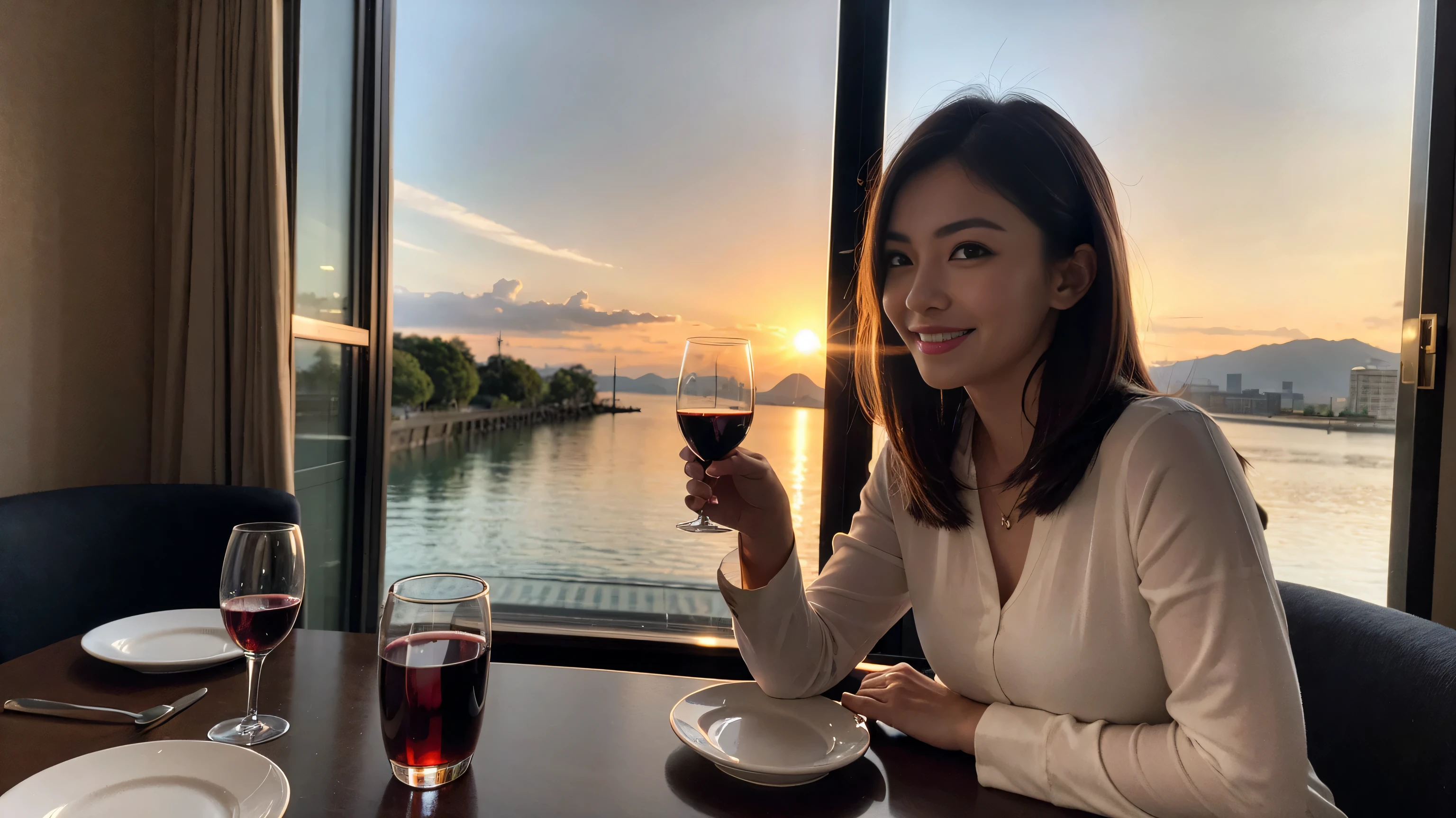 ((highest quality、8k、masterpiece:1.3))、Sharp focus:1.2、Beautiful woman perfect body:1.4、Slim body、((Bob Hale、Straight hair:1.2))、(to be born, highest quality, masterpiece:1.5), (Realistic, Intricate details:1.2), Ultra-high resolution, Lighting the face、Spectacular view of the sunset sky and clouds、Amazing mountain views、A bright smile、wine glass、red wine 、Appetizer、Italian food、Wine bottle、Champagne、sparkling wine、, Beautiful Face, blue eyes, The light shines on your face, Blushing, short hair,Bright Face、Fox face、 (42 years old), 40 years old, Lady、Two beauties、Brown Hair、Shortcuts、Long sleeve shirt、dress、Pretty Woman 1, (slim face), (The body is slim), (Brown Hair), (Shortcuts), cheeks turn a little red,Attractive beauty、, Out of the window, A beautiful and detailed night view unfolds.........., restaurant, In a prominent place (From the waist up) Nova Frog Style, actress, model, Upper Body, White wine, slim, wine glass, A wine glass placed in the middle, smile, (smile: 1.15), Beautiful fine grain, Depth f/2,saturation, High Contrast, Strong light and shadow,Moist Body:1.5、3D texture、Delicate eyes、Brown Hair、The hair is very shiny、