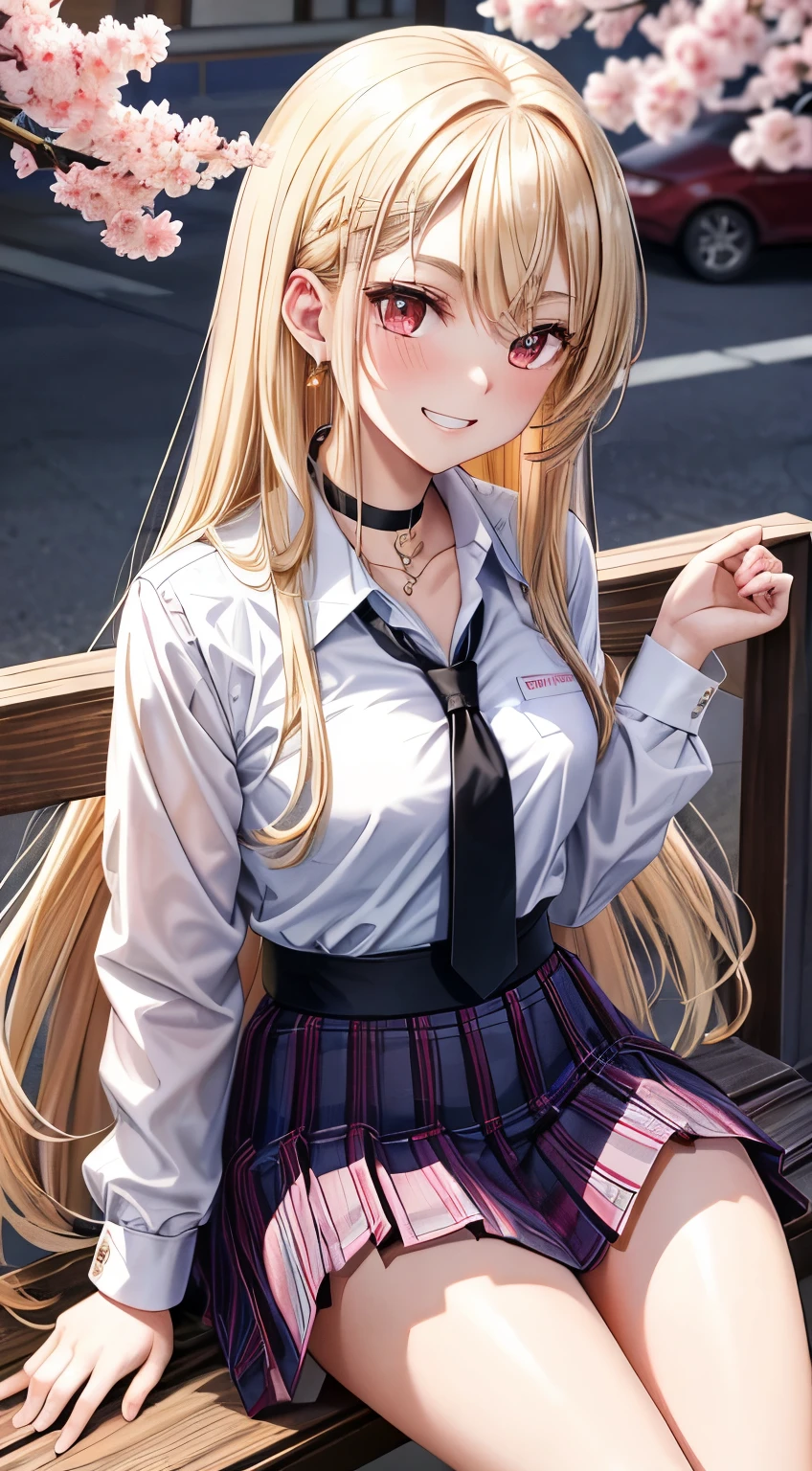 masterpiece, highest quality, One Girl, Long Hair, boredom, Sitting, Lift your legs, only,, black choker, black tie, Blonde Hair,Hair is pinkgradation,Pink fur tips, blue skirt, blush, bracelet, chest, choker, Waist clothes, clavicle, collared shirt, Cowboy Shot, ホワイトshirt, Earrings, Eyebrows visible through hair, Blonde Hair, Grin, Improve, , Kogal, Long Hair, View audience, loose tie, tie,, Plaid, Plaid skirt, pleated skirt, Red eyes, ring, , shirt, skirt, smile, alone, white shirt, street, null, cherry blossoms, petal, ,(bikini)