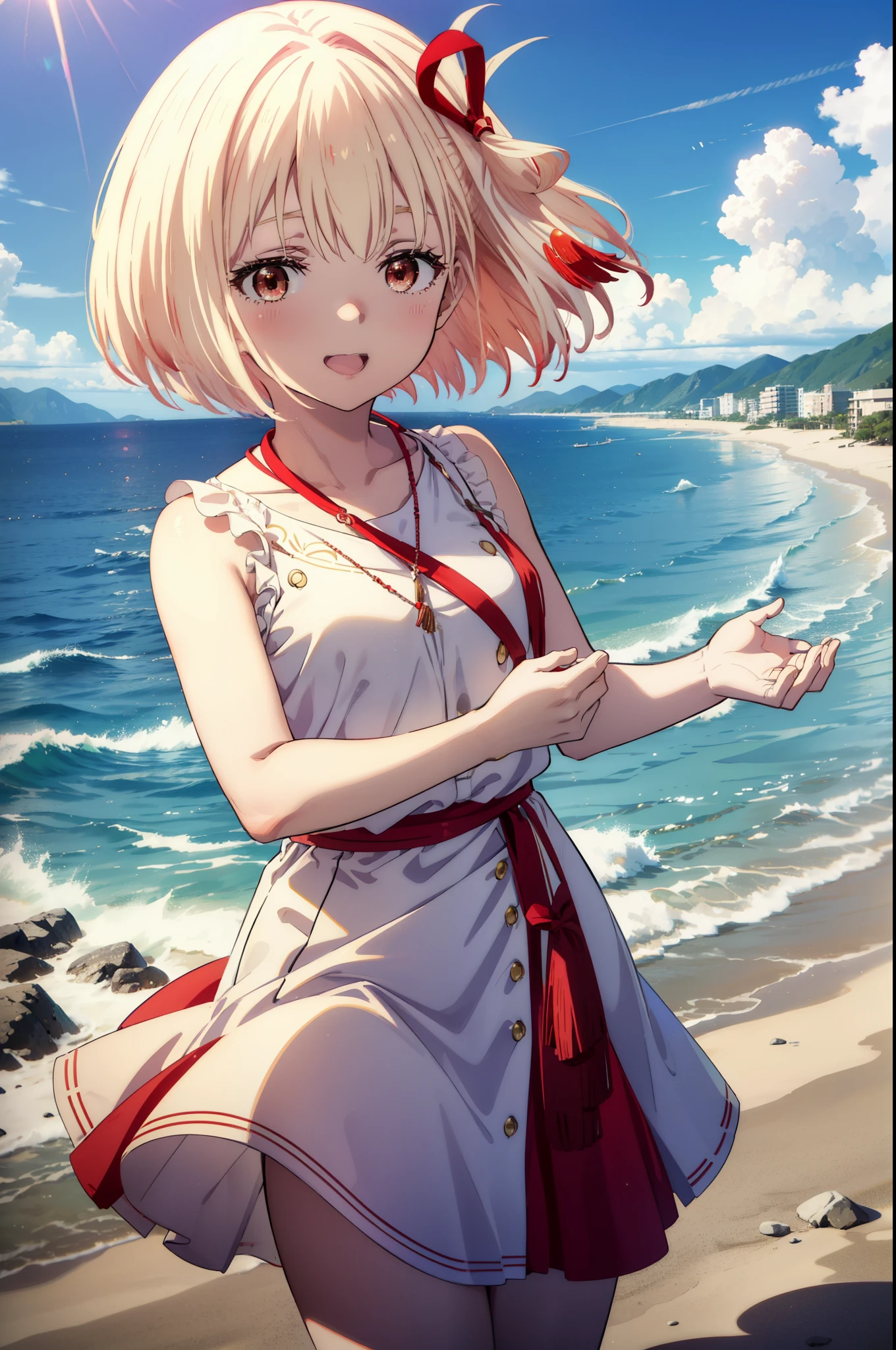 chisatonishikigi, Chisato Nishikigi, Short Hair, bangs, blonde,Bobcut, White hat(Red eyes:1.5), Hair Ribbon,One side up,happy smile, smile, Open your mouth,smile,blush,Red sleeveless dress,White long skirt,Bare arms,Rocket Pendant,Cute Sandals,real summer,sunny,It's as if your whole body is in the illustration., break outdoors, Coastal Road, break looking at viewer, (Cowboy Shot:1.5), break (masterpiece:1.2), highest quality, High resolution, unity 8k wallpaper, (shape:0.8), (Beautiful details:1.6), Highly detailed face, Perfect lighting, Highly detailed CG, (Perfect hands, Perfect Anatomy),