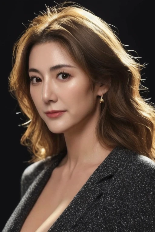 Ultra-high resolution, masterpiece, highest quality, perfect glowing skin, Perfect lighting, Detailed lighting, Japanese muscular middle-aged woman、, Beige thin knit, View Camera, Off the shoulder, Brown wavy hair with highlights、Big Breasts, Large exposed cleavage, Black double eyelids, Browsing Caution, ((Dark Background)), Sexy Face, The facial expression when feeling happy, Open the mouse,