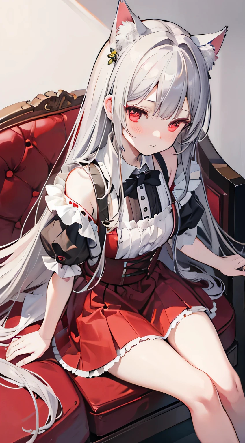 high quality, masterpiece, Very detailed,Long Hair, One beautiful girl,Gray Hair,Red eyes,Maid clothes,Cat ear,Embarrassed,Looking from above,Sitting,True Face,Short skirt,Shoulder Bare