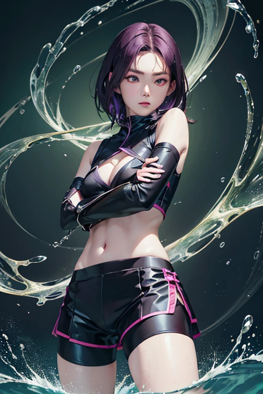 (Finest quality)),(A high resolution),(ultra-detailled art),(Meticulous portrayal),((Best Anime)),(Finest works of art),sharpness,Clear,Ultra-Precision Art,The art of astounding depiction, (Female Ninja in the Dark:1.3),
short Hair,
purple hair, vibrant purple hair, extremely detailed hair, bangs,
pretty eyes,
beautiful eyes, detailed eyes, perfect eyes, green eyes,
pretty face,
beautiful lips, soft lips,pretty face, close up face, korean girl, korean beauty, irene, red velvet irene,serious face,
pretty nose,
beautiful nose,
clear skin,
clear skin, white skin, soft skin,
slim body,
small breasts, normal thighs, show navel,
ninja clothes,
ninja outfit, black outfit, black skirt, thigh-level skirt, safety shorts, cycling shorts, ninja shorts, long shorts, ninja armor, female ninja suit,reveal shoulders, show slight cleavage, black top, black thigh-high socks, arm sleeves,
fighting pose,
looking at camera, attack pose, fighting pose,
watery background,
green aura background, evening, green aurora, green glow, yellow glowing fist, water splash behind, waterbender, watery background, in water, big water waves, water element, green floating lights, water circling around the body
low angle,
looking down,