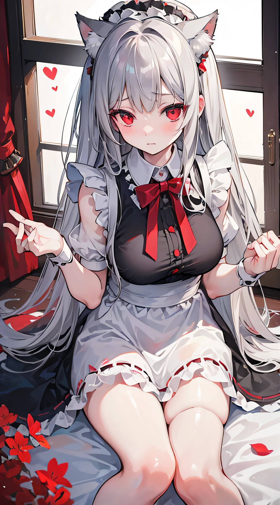 high quality, masterpiece, Very detailed,Long Hair, One beautiful girl,Gray Hair,Red eyes,Maid clothes,Cat ear,Embarrassed,Looking from above,Large Breasts