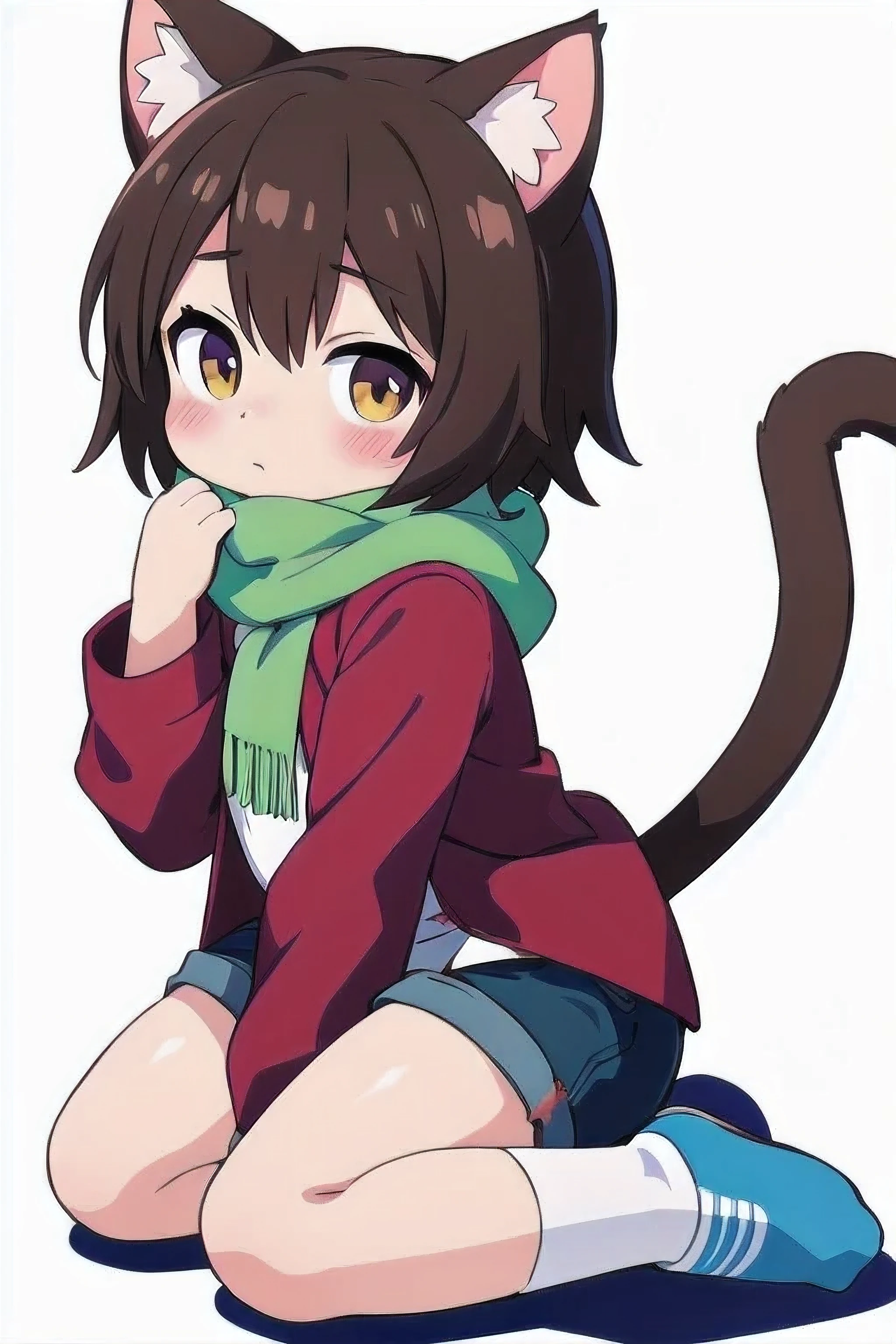 character under tail, brown hair, red eyes, striped green shirt, yellow line,girl,blush,