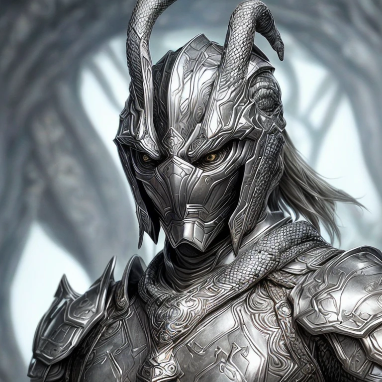A snake head, with a perfect sculptural realistic,with silver mediaval armor, and potrait, ultra realistic, HD,
