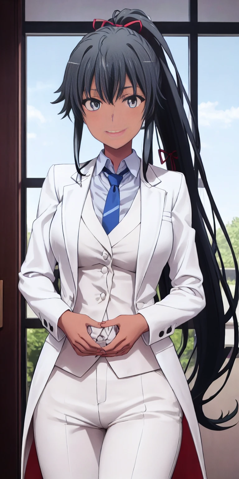 ((best quality)), ((masterpiece)), (detailed) 1girl 1girl, ;\), blurry, blurry_background, breasts, , hair_ponytail ribbon, looking_at_viewer, ok_sign, one_eye_closed, open_hand, Yukinoshita Yukino, Woman wearing formal clothes, An attractive coat stands in a large gap in the room, 1girl, solo, blue necktie, Black hair, eyes blue, long hair, smile, collared shirt, white pants, white shirt, Elegantly designed coat, Stand in front of a window, Perfectly tailored tailcoat. It has a stunning Victorian design and is made of lustrous fabric, dark skin gyaru black skin