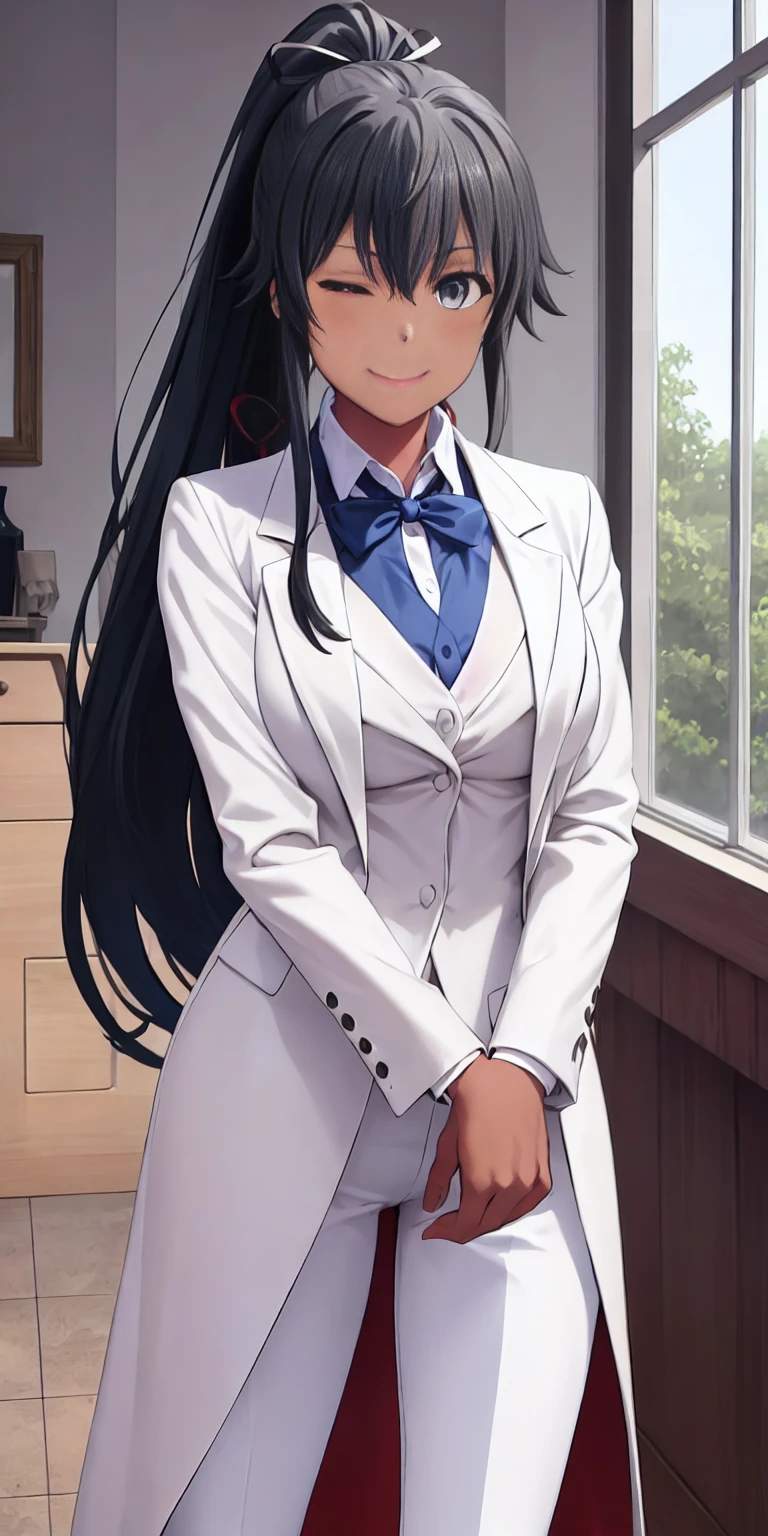 ((best quality)), ((masterpiece)), (detailed) 1girl 1girl, ;\), blurry, blurry_background, breasts, , hair_ponytail ribbon, looking_at_viewer, ok_sign, one_eye_closed, open_hand, Yukinoshita Yukino, Woman wearing formal clothes, An attractive coat stands in a large gap in the room, 1girl, solo, blue necktie, Black hair, eyes blue, long hair, smile, collared shirt, white pants, white shirt, Elegantly designed coat, Stand in front of a window, Perfectly tailored tailcoat. It has a stunning Victorian design and is made of lustrous fabric, dark skin gyaru black skin