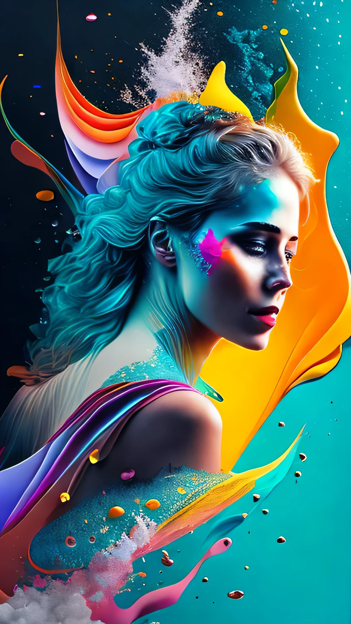 1 bela mulher,papel de parede, estilo de design plano, splashes of water, colorido, intrincado
