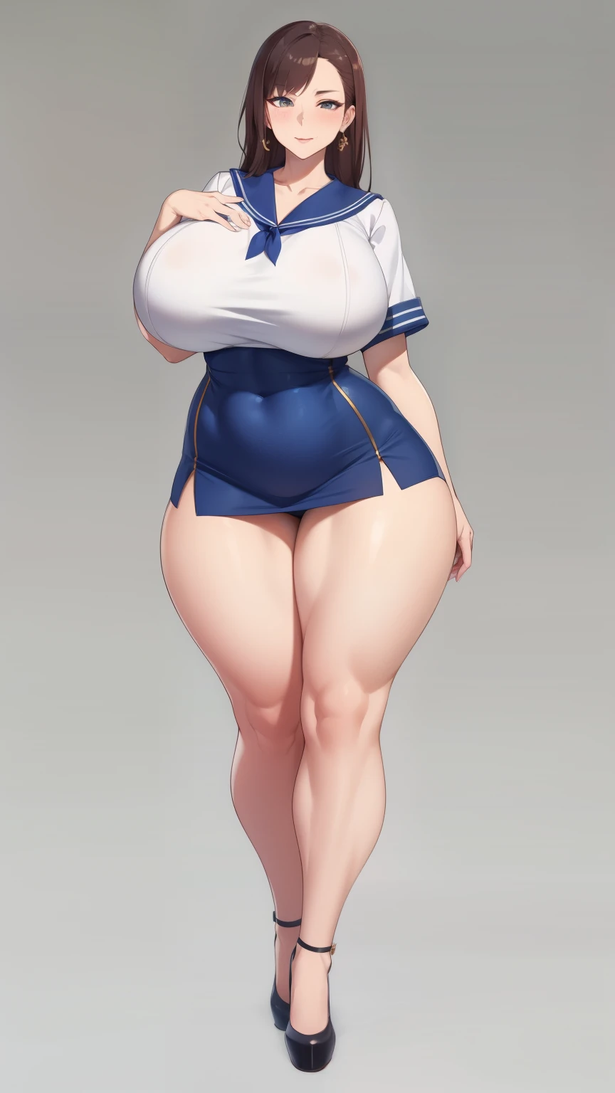 Big Breasts, Big Hips, Full Body Shot, Mature mother, Voluptuous thighs, Whole calf, Seductive mature woman, Perfect body, Plus Size Model, Sailor suit, Wearing high heels,Miniskirt Uniform, 