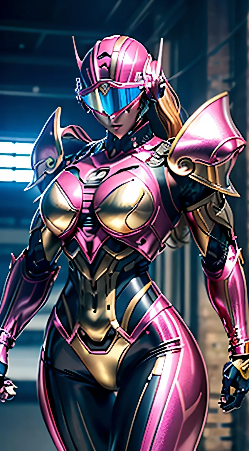 Female Robocop Solo、Bright outdoors、strong light source、8K, high quality, masterpiece, 最high quality、Very detailed、Armor that completely covers the whole body、very large armor、Helmet covering the head、Clear photos、The eyes are hidden by thin, straight goggles:1.3、The lower half of the face is flesh:1.5、Face exposed from nose down:5.0、Luscious lips、Fluorescent pink metallic armor with thin gold lines、Armor that completely covers the chest、Long, slender legs、Vibrant posel body view,Big and ample breasts:1.5, (Sports Body:1.5)、Five Fingers、Photos in the city