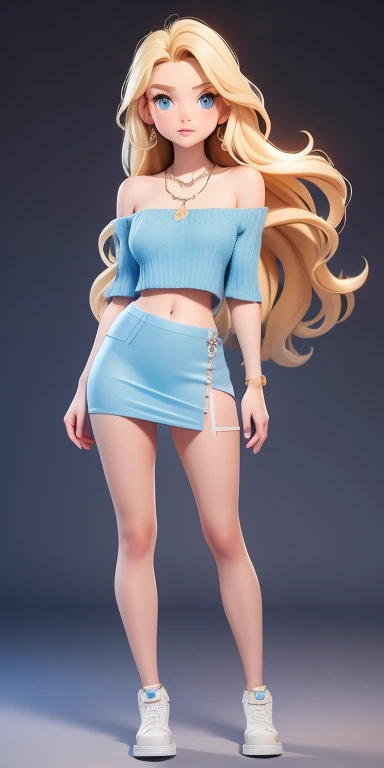 1girl in, age19, Solo, Long hair, Colossal , Looking at Viewer, blonde hair, Bare shoulders, Blue eyes, jewely, Full body, a necklace, off shoulders, mini skirt, crop top jumper