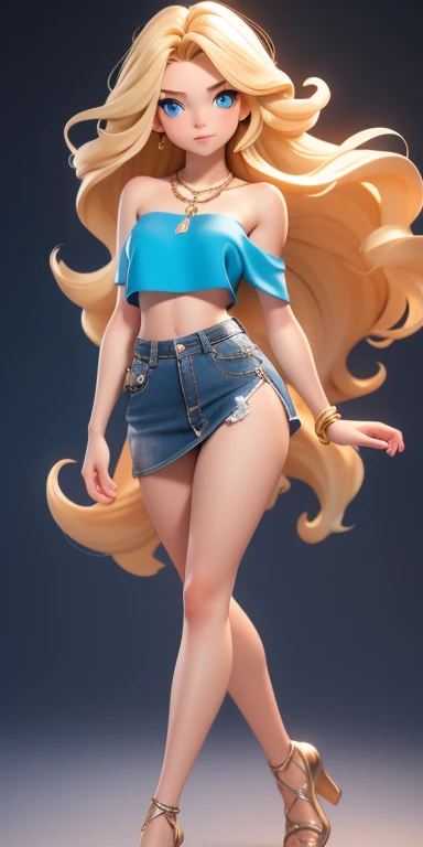 1girl in, 19, Solo, Long hair, Colossal , Looking at Viewer, blonde hair, Bare shoulders, Blue eyes, jewely, Full body, a necklace, off shoulders, mini skirt, crop top jumper