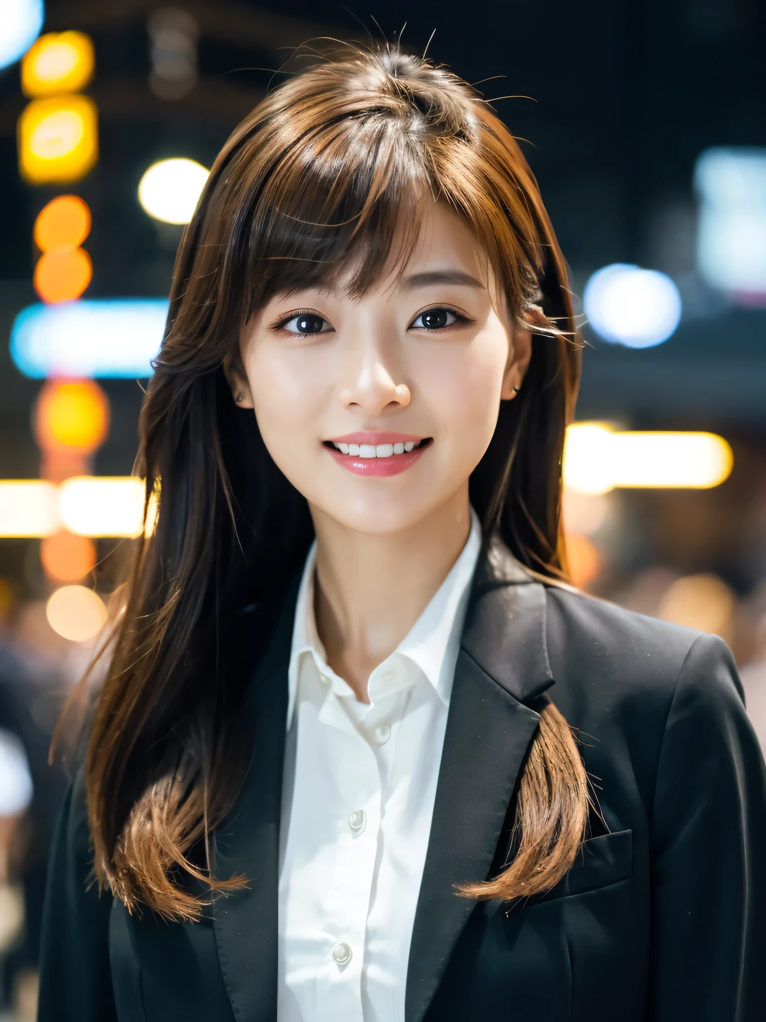 table top、highest quality、genuine、Super detailed、finely、High resolution、8k wallpaper、one beautiful woman、、、light brown disheveled hair、wearing a business suit、sharp focus、perfect dynamic composition、beautiful and detailed eyes、thin hair、Detailed genuine skin texture、smile、close-up portrait、model body shape、In Kyoto at night、