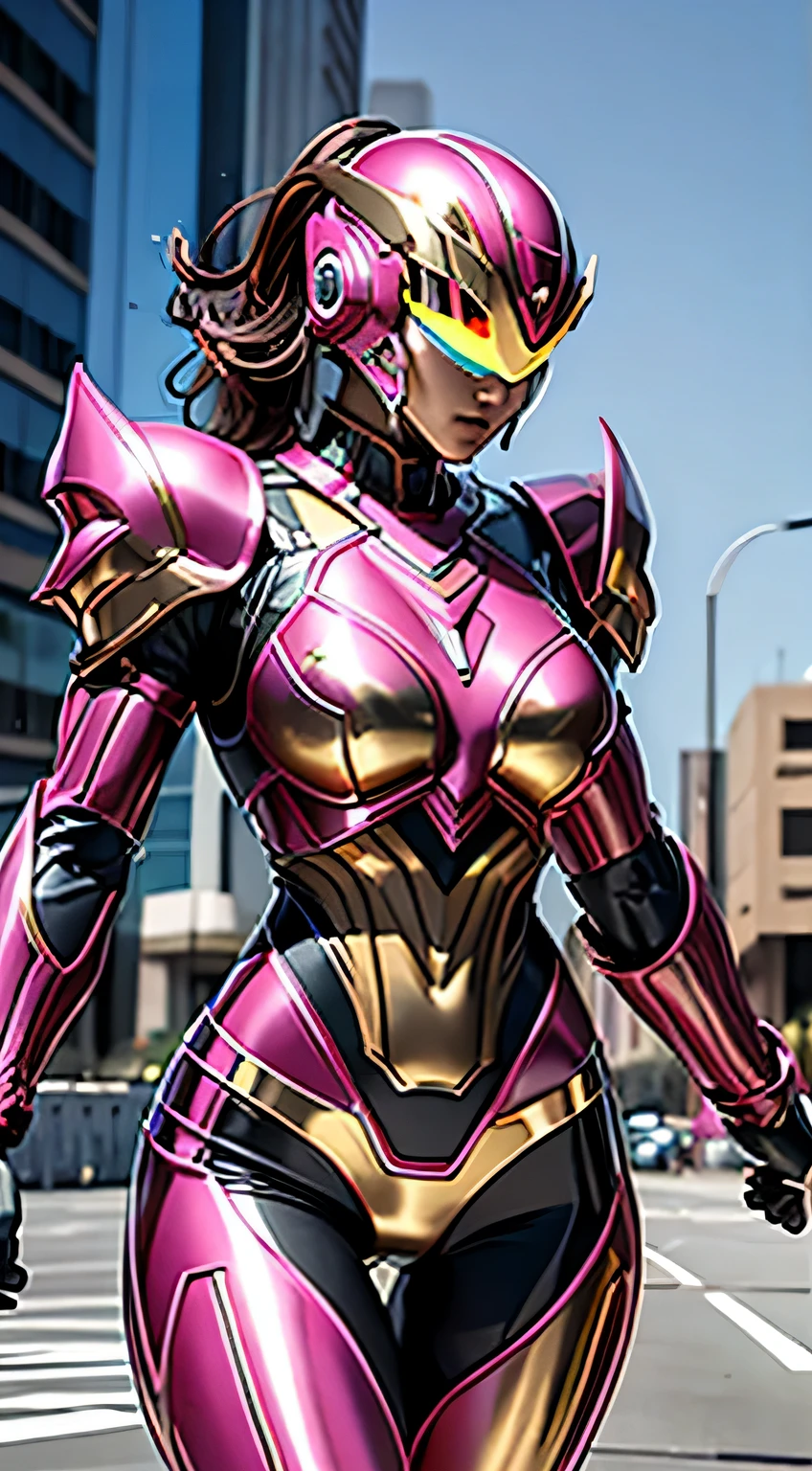 Female Robocop Solo、Bright outdoors、strong light source、8K, high quality, masterpiece, 最high quality、Very detailed、Armor that completely covers the whole body、very large armor、Helmet covering the head、Clear photos、The eyes are hidden by thin, straight goggles:1.3、The lower half of the face is flesh:1.5、Face exposed from nose down:5.0、Luscious lips、Fluorescent pink metallic armor with thin gold lines、Armor that completely covers the chest、Long, slender legs、Vibrant posel body view,Big and ample breasts:1.5, (Sports Body:1.5)、Five Fingers、Photos in the city