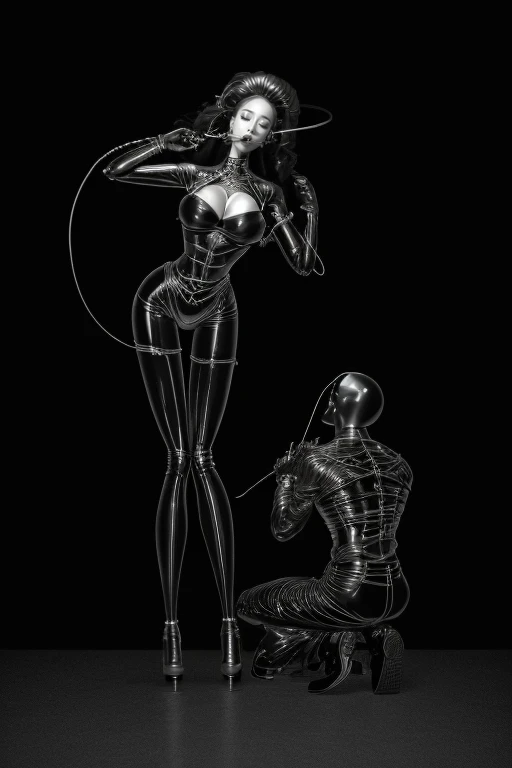 (line art:1.5)，a color，Anatomically correct，A beautyful girl,model shoot style,abstract paintings, (extremely detaild的 CG unified 8k wallpapers), A chaotic storm of lines rises from the complex liquid smoke overhead, Stylized abstract portrait of beautiful girl,heavy metal style，postmodern industrial style，ultra-realistic realism，Image of beautiful woman sculpture made from thin metal wire, golden curve structure, Woman sculpture made of wire,1 man on his kneels，femdom