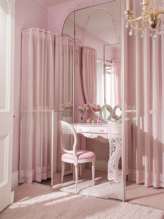 Little princess room　Cute pink wall　Lace curtains　Oval full-body mirror　A wardrobe full of dresses　Tables and chairs　cosmetics