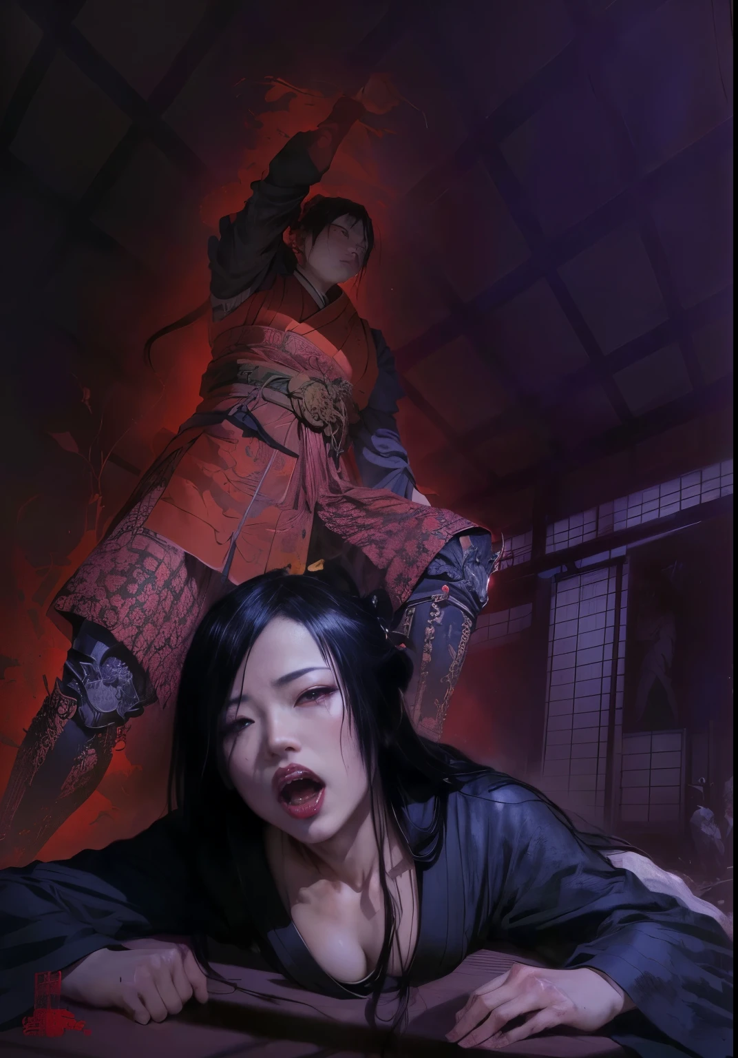anime scene of a woman with a bloody face and a demon in the background, traditional japanese concept art, rob rey and kentarõ miura, rob rey and kentaro miura style, masayoshi suto and artgerm, ruan jia and joao ruas, inspired by Kanō Hōgai, inspired by Kanō Sanraku