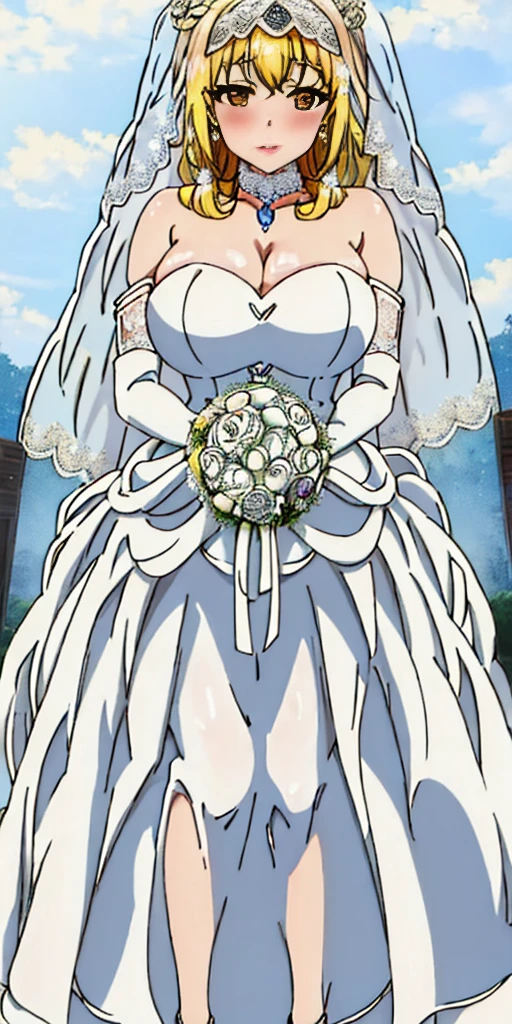 Roxanne blonde dog ears, Close-up of beautiful bride wearing beautiful wedding dress, Gurwitz, (bridal veil:1.5), (Transparent short veil:1.5), Blushing face, head flower, headgear, (tube top wedding dress: 1.5), (Silk dress: 1.2) (Strapless wedding dress: 1.5) pure white dress, necklace, earrings, (large breasts:1.3), Deep V peach heart collar wedding dress, bangs, lipstick, (lace gloves: 1.3), whole body, high detail RAW color art, Long white dress, whole body, place your hands behind your back