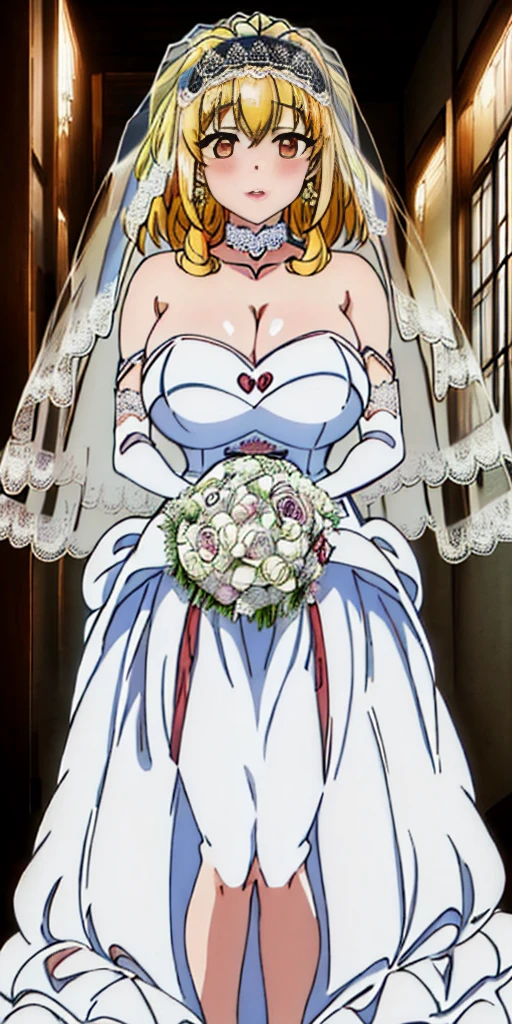 Roxanne blonde dog ears, Close-up of beautiful bride wearing beautiful wedding dress, Gurwitz, (bridal veil:1.5), (Transparent short veil:1.5), Blushing face, head flower, headgear, (tube top wedding dress: 1.5), (Silk dress: 1.2) (Strapless wedding dress: 1.5) pure white dress, necklace, earrings, (large breasts:1.3), Deep V peach heart collar wedding dress, bangs, lipstick, (lace gloves: 1.3), whole body, high detail RAW color art, Long white dress, whole body, place your hands behind your back