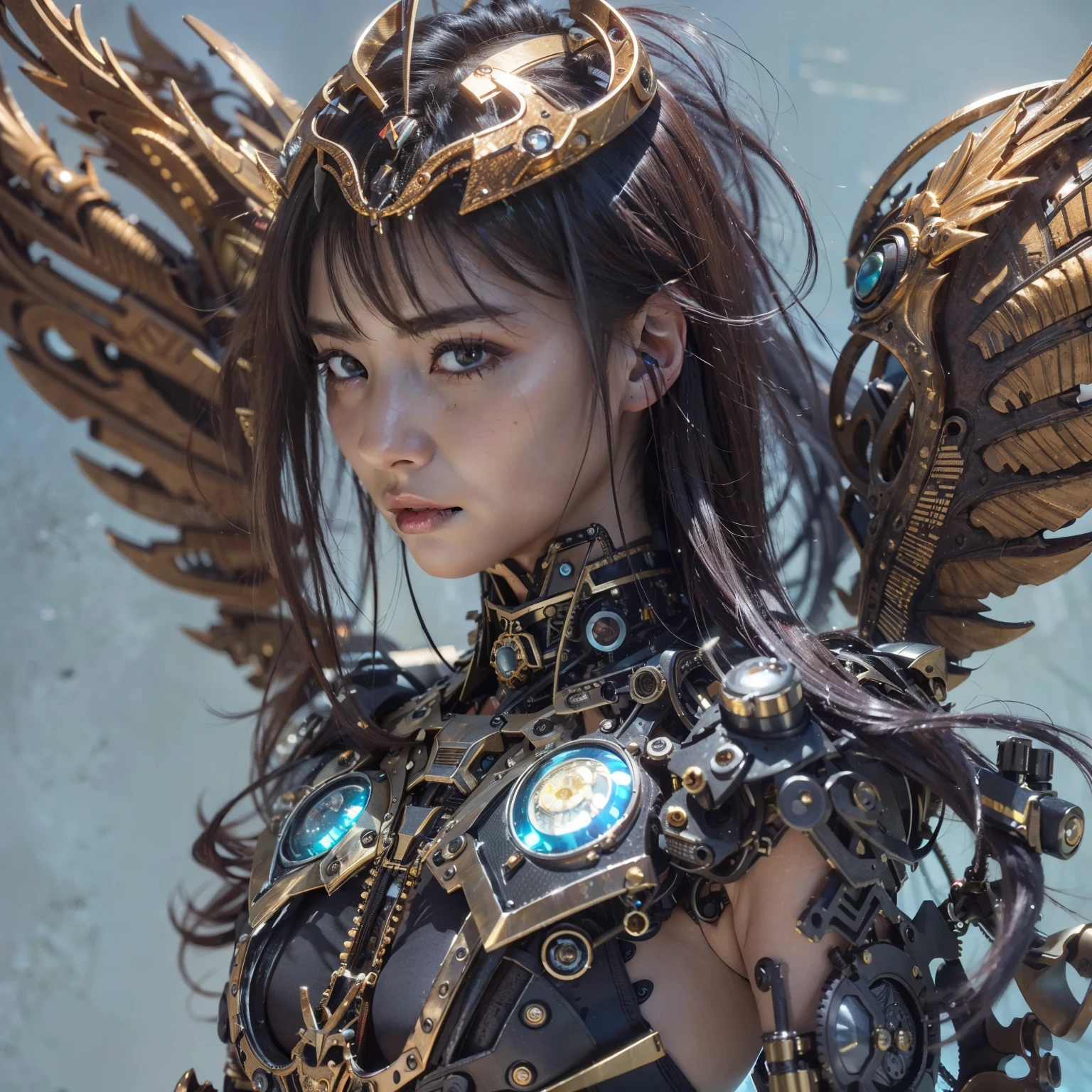 (top-quality:1.2, masterpiece)、ultra high resolution、extremely ultra surrealism, (Photorealsitic:1.4)、Raw photo、(Steampunk Battle Cyborg fallen angel)、large wings made of metal、black porcelain body、red hair、glowy skin、1 Cyborg girl、(mechanical frame:1.3)japanese, extremely cute face, ((super realistic details))、portrait、globalillumination、Shadow、octan render、8K、ultrasharp、character edge light、Details of complex ornaments、Acrylic Clear Cover、Sumerian details、Hydraulic cylinder、Small LED lamp、highly intricate detail、Realistic light、a purple eye、radiant eyes、Facing the camera、neon details、cowboy shot、Futuristic headgear、About Cyberpunk