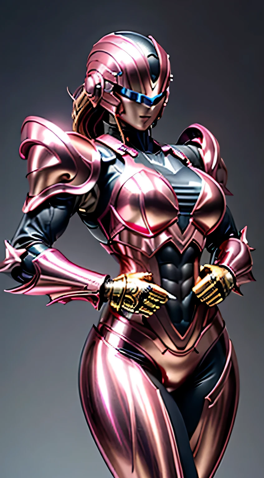 Female Robocop Solo、Bright outdoors、strong light source、8K, high quality, masterpiece, 最high quality、Very detailed、Armor that completely covers the whole body、very large armor、Helmet covering the head、Clear photos、The eyes are hidden by thin, straight goggles:1.3、The lower half of the face is flesh:1.5、Face exposed from nose down:5.0、Luscious lips、Fluorescent pink metallic armor with thin gold lines、Armor that completely covers the chest、Long, slender legs、Vibrant posel body view,Big and ample breasts:1.5, (Sports Body:1.5)、Five Fingers、Photos in the city